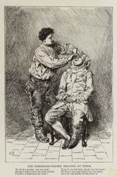 Der Fischer-Barbier beim Rasieren in Stock